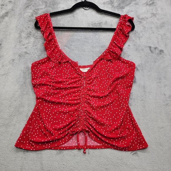 Buckle Willow & Root Top Womens M Red White Polka Dot Ruched Ruffle Tank Keyhole - Picture 1 of 9